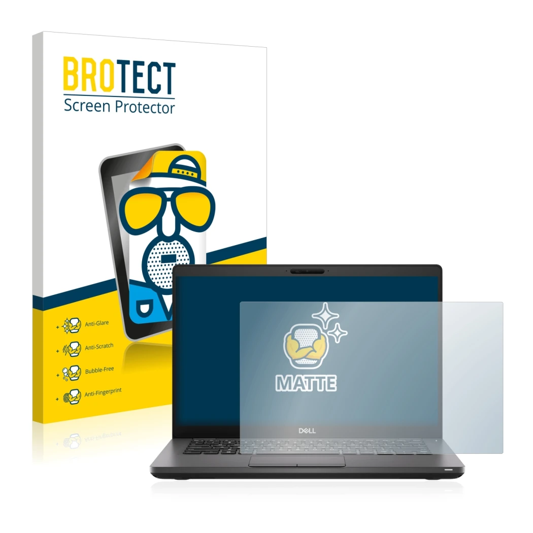 Parte frontale di una confezione del prodotto con il logo del marchio BROTECT. Accanto è raffigurato il dispositivo Dell Latit