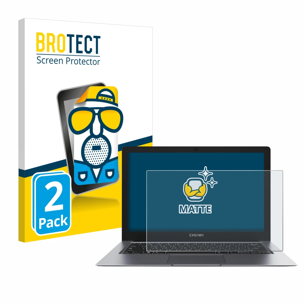 Parte frontale di una confezione del prodotto con il logo del marchio BROTECT. Accanto è raffigurato il dispositivo Chuwi Hero