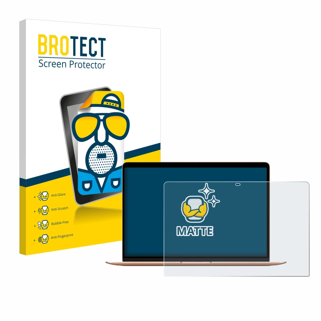 Parte frontale di una confezione del prodotto con il logo del marchio BROTECT. Accanto è raffigurato il dispositivo Apple MacB