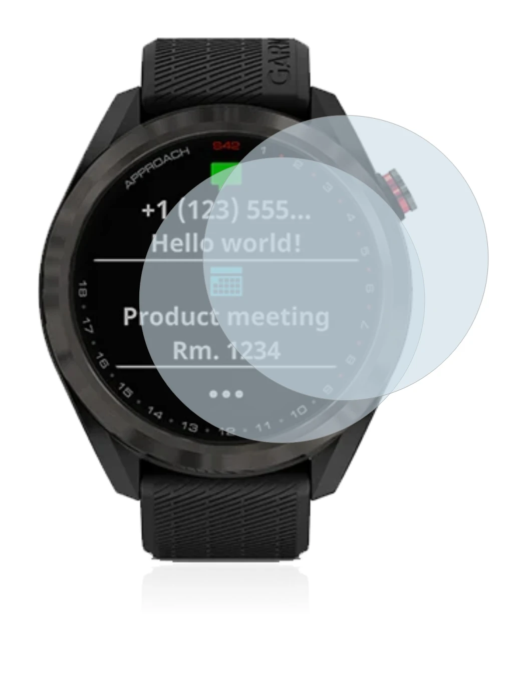 Immagine del dispositivo Garmin Approach S42 con un'ampia varietà di protezioni per lo schermo.