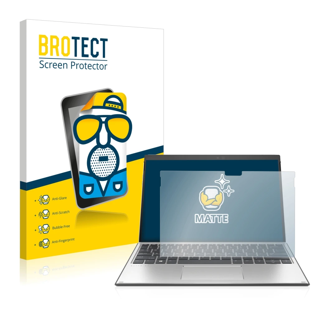 Parte frontale di una confezione del prodotto con il logo del marchio BROTECT. Accanto è raffigurato il dispositivo HP Elite x