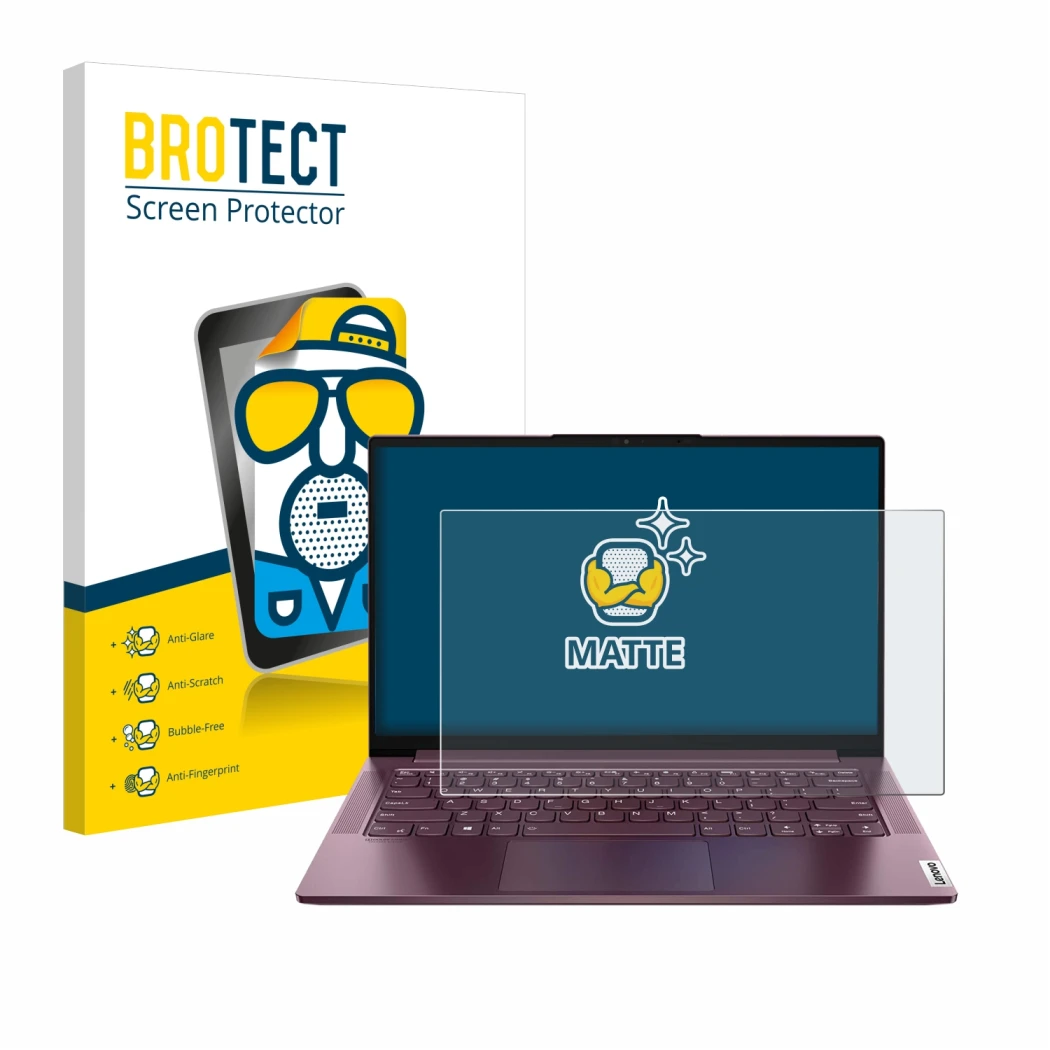 Parte frontale di una confezione del prodotto con il logo del marchio BROTECT. Accanto è raffigurato il dispositivo Lenovo Yog