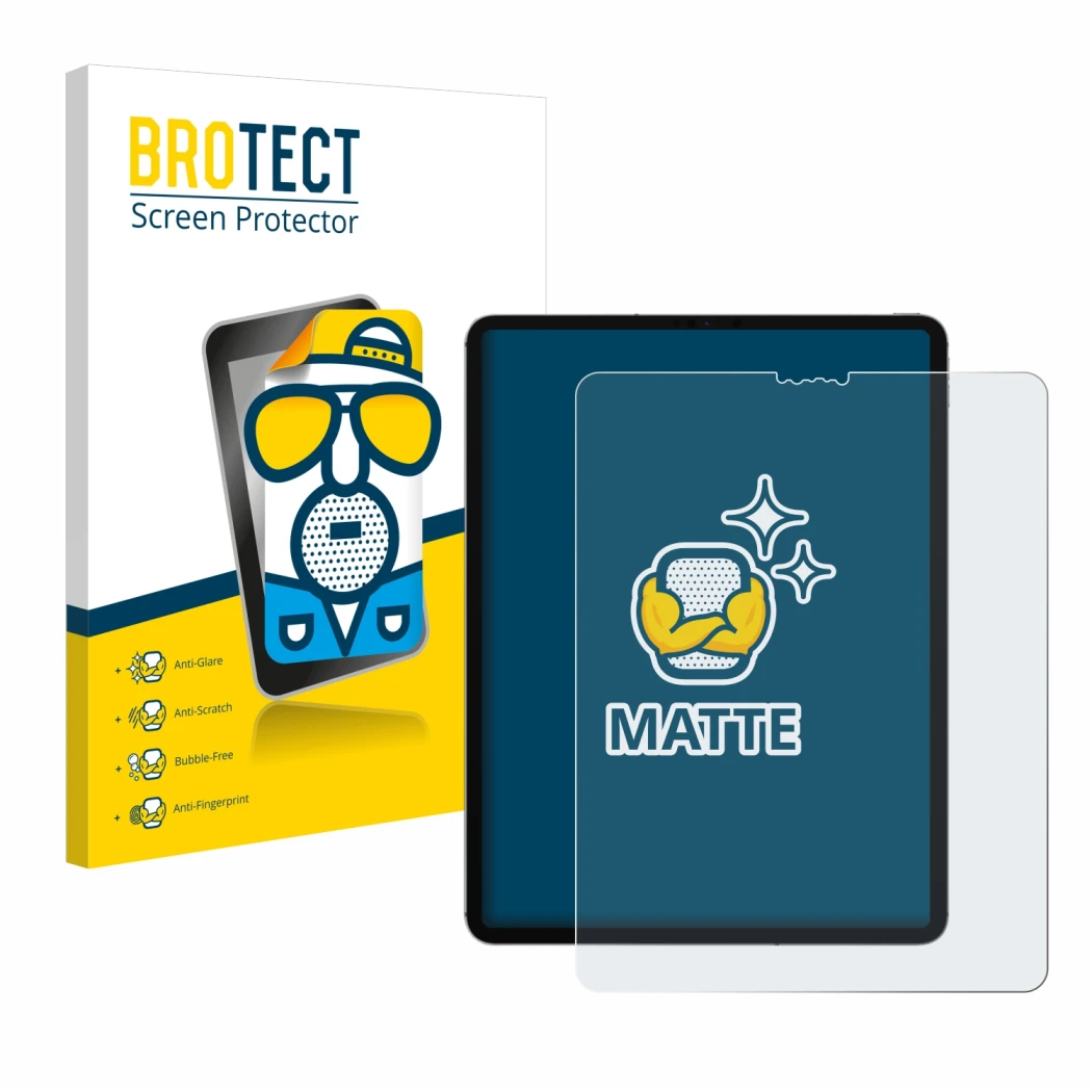 Parte frontale di una confezione del prodotto con il logo del marchio BROTECT. Accanto è raffigurato il dispositivo Apple iPad