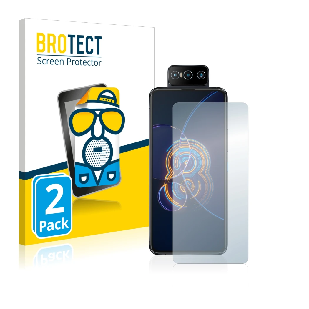 Parte frontale di una confezione del prodotto con il logo del marchio BROTECT. Accanto è raffigurato il dispositivo ASUS ZenFo