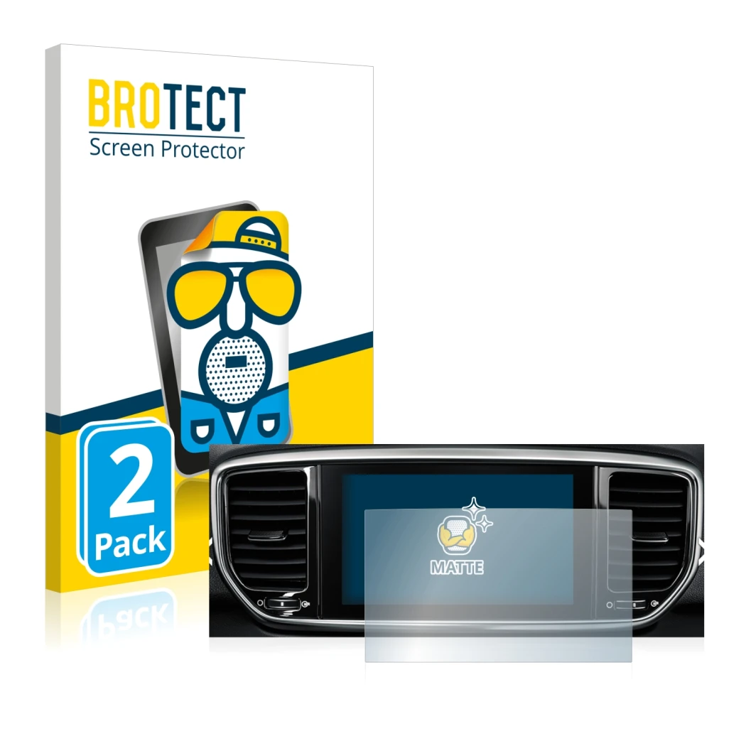 Parte frontale di una confezione del prodotto con il logo del marchio BROTECT. Accanto è raffigurato il dispositivo Kia Sporta