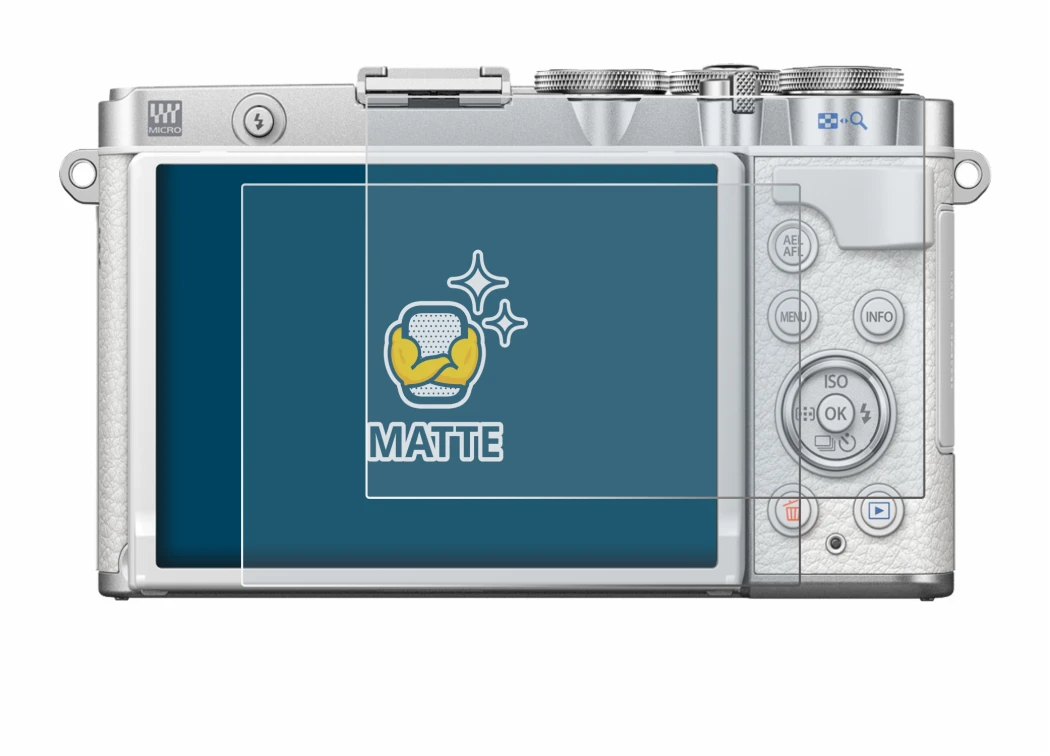 Immagine del dispositivo Olympus PEN E-P7 con un'ampia varietà di protezioni per lo schermo.
