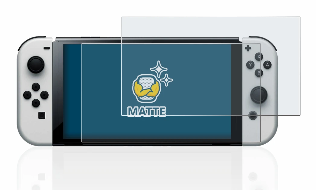 Immagine del dispositivo Nintendo Switch OLED-Modell con un'ampia varietà di protezioni per lo schermo.