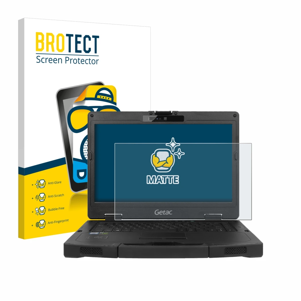 Parte frontale di una confezione del prodotto con il logo del marchio BROTECT. Accanto è raffigurato il dispositivo Getac S410