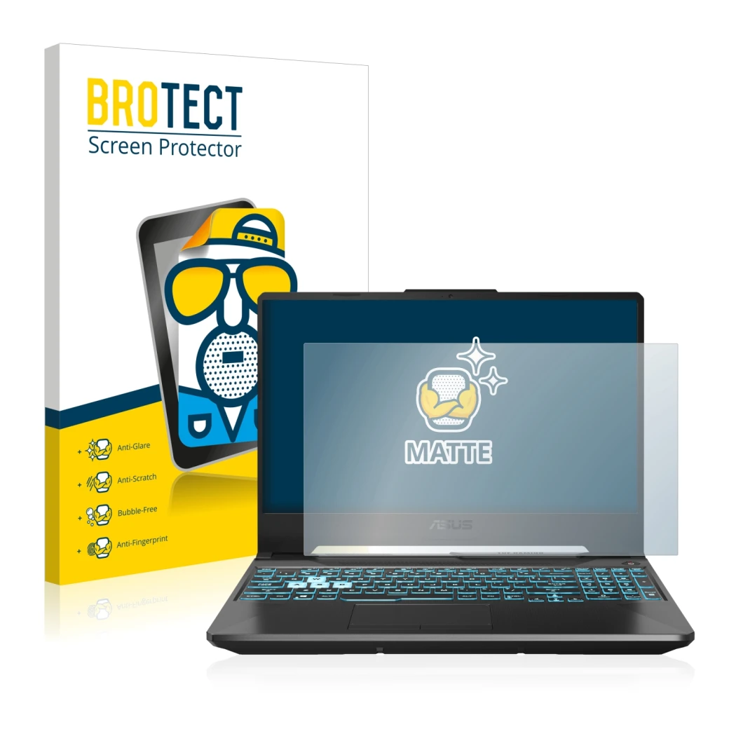 Parte frontale di una confezione del prodotto con il logo del marchio BROTECT. Accanto è raffigurato il dispositivo ASUS TUF G