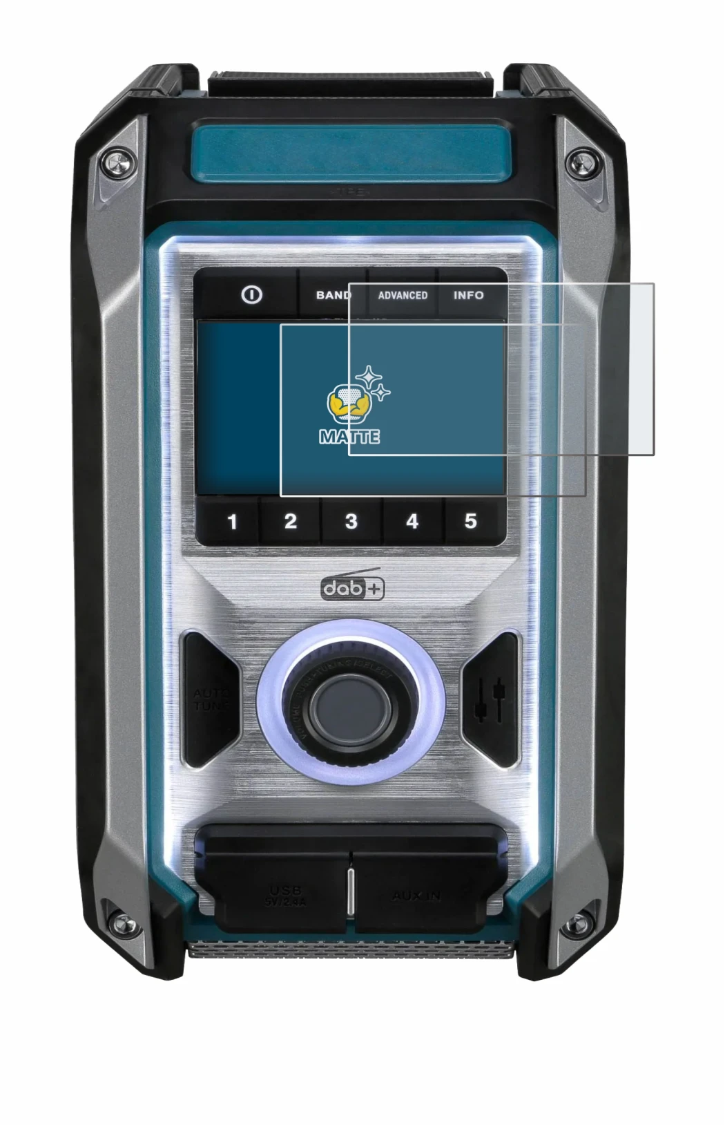 Immagine del dispositivo Makita DMR115 con un'ampia varietà di protezioni per lo schermo.