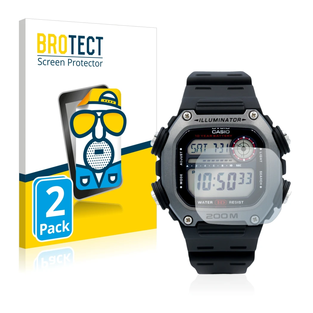Parte frontale di una confezione del prodotto con il logo del marchio BROTECT. Accanto è raffigurato il dispositivo Casio DW-2