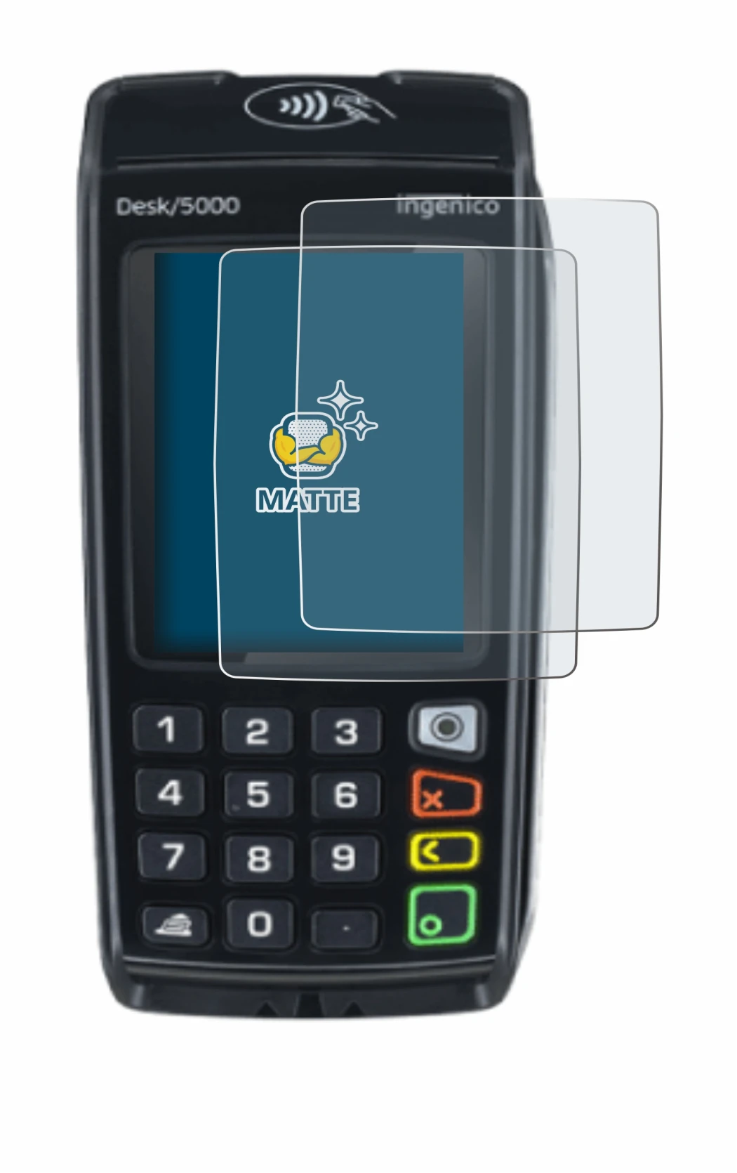 Immagine del dispositivo ingenico Desk/5000 con un'ampia varietà di protezioni per lo schermo.