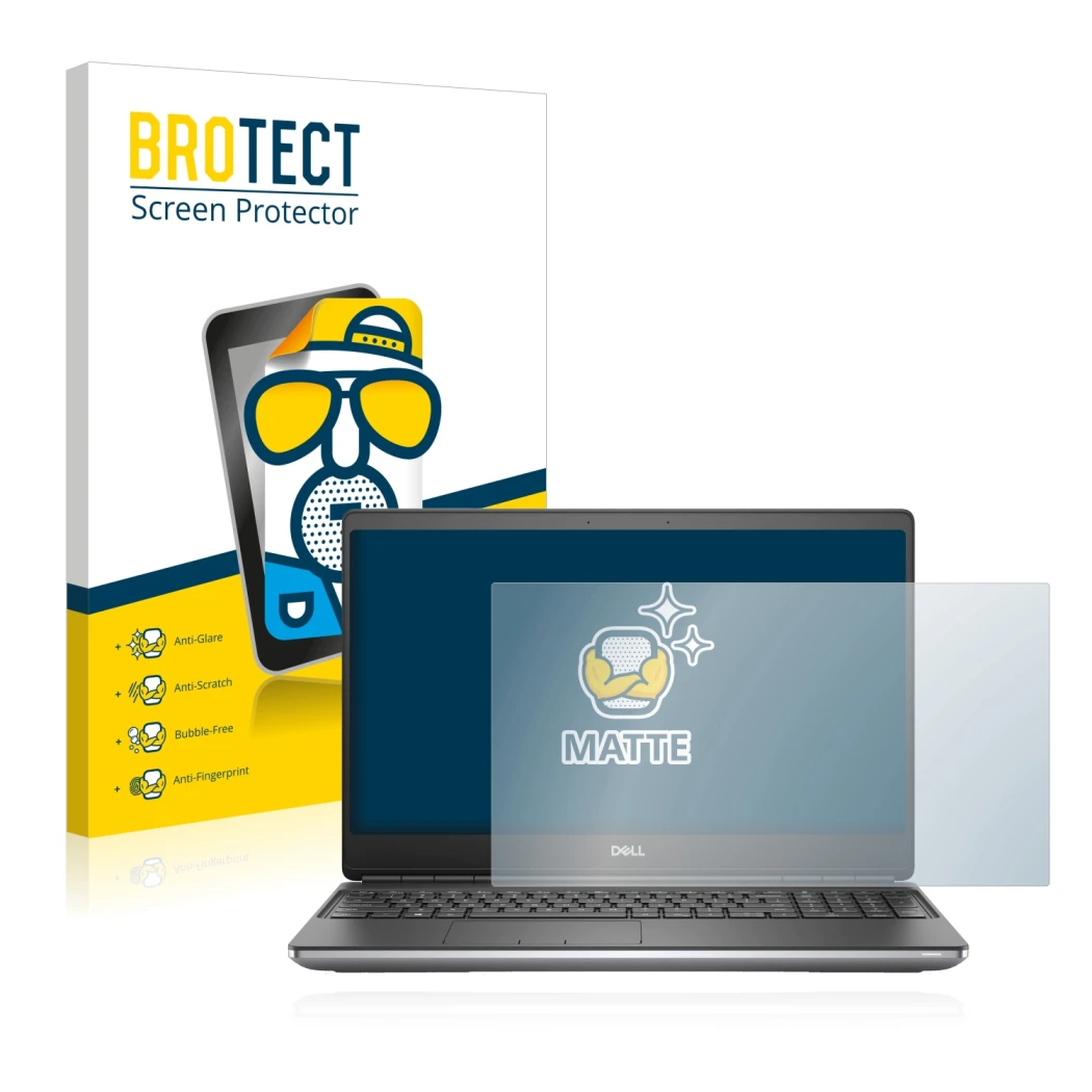Parte frontale di una confezione del prodotto con il logo del marchio BROTECT. Accanto è raffigurato il dispositivo Dell Preci