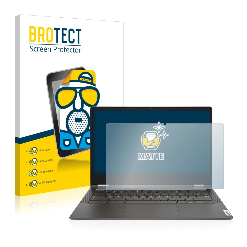 Parte frontale di una confezione del prodotto con il logo del marchio BROTECT. Accanto è raffigurato il dispositivo Lenovo Ide