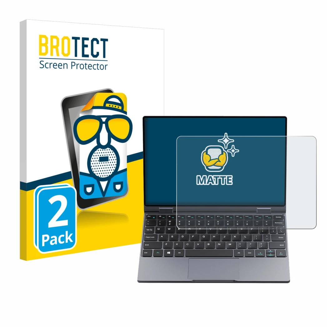 Parte frontale di una confezione del prodotto con il logo del marchio BROTECT. Accanto è raffigurato il dispositivo Chuwi Mini