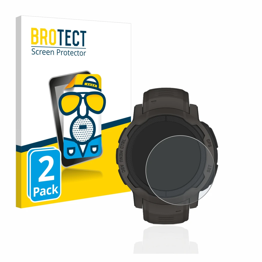 Parte frontale di una confezione del prodotto con il logo del marchio BROTECT. Accanto è raffigurato il dispositivo Garmin Ins