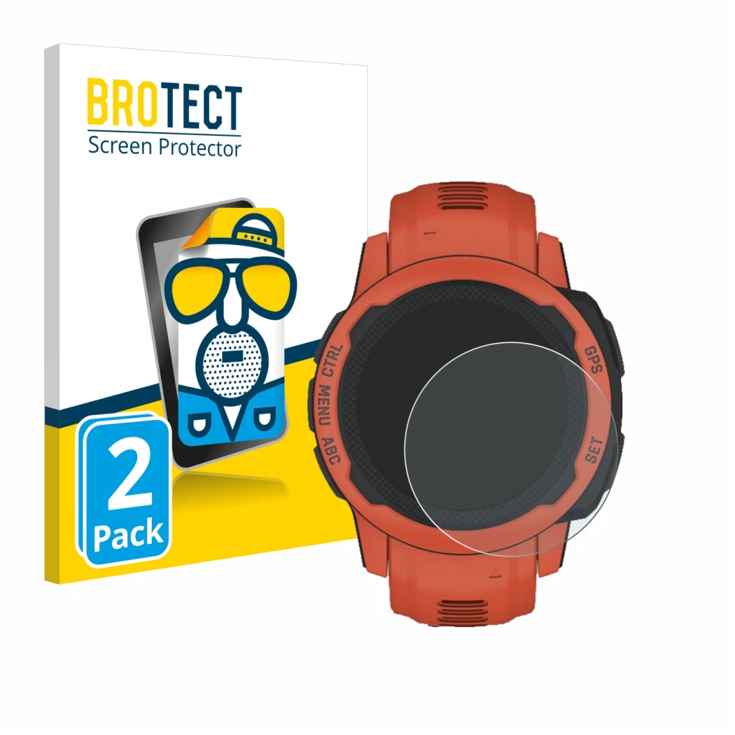 Parte frontale di una confezione del prodotto con il logo del marchio BROTECT. Accanto è raffigurato il dispositivo Garmin Ins