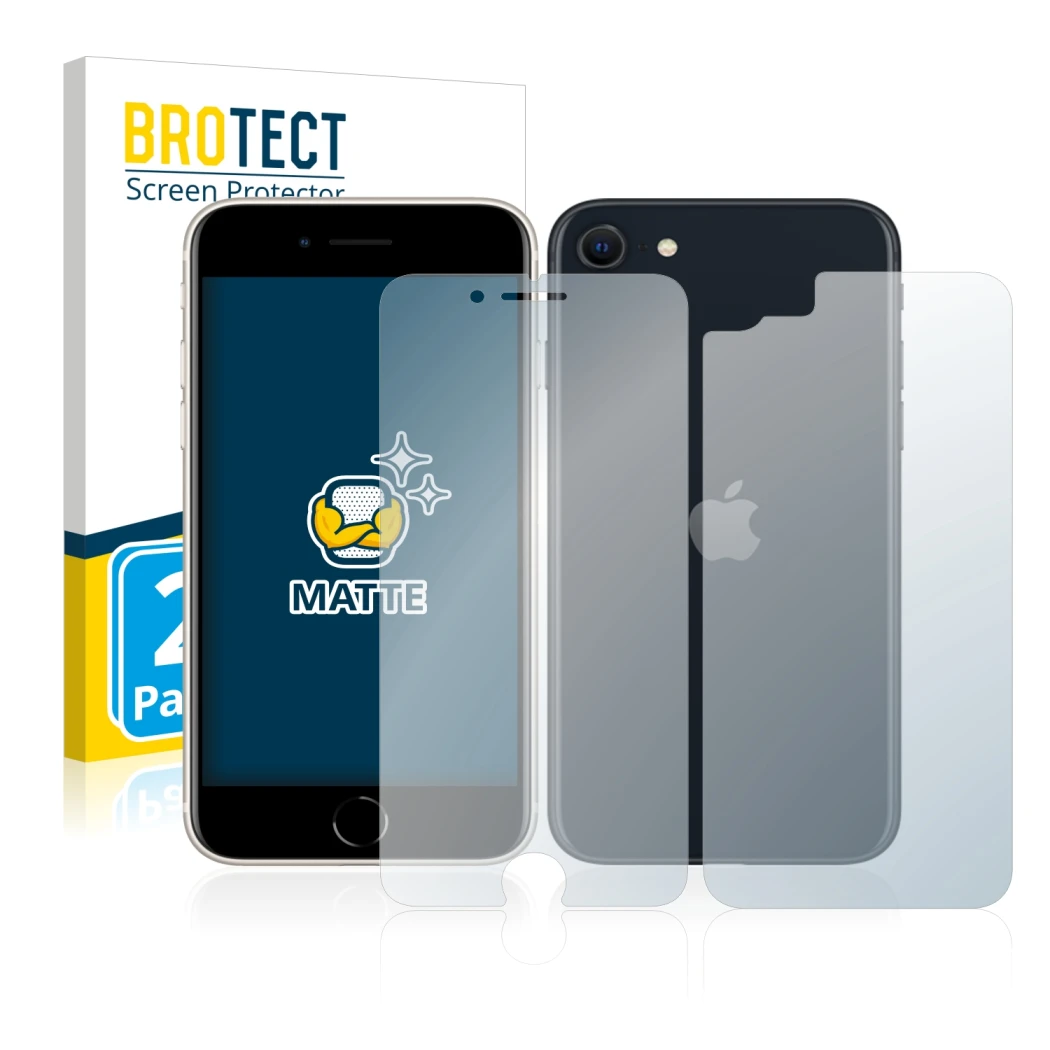 Parte frontale di una confezione del prodotto con il logo del marchio BROTECT. Accanto è raffigurato il dispositivo Apple iPho