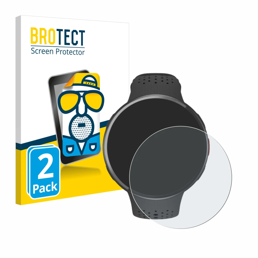 Parte frontale di una confezione del prodotto con il logo del marchio BROTECT. Accanto è raffigurato il dispositivo Polar Pace