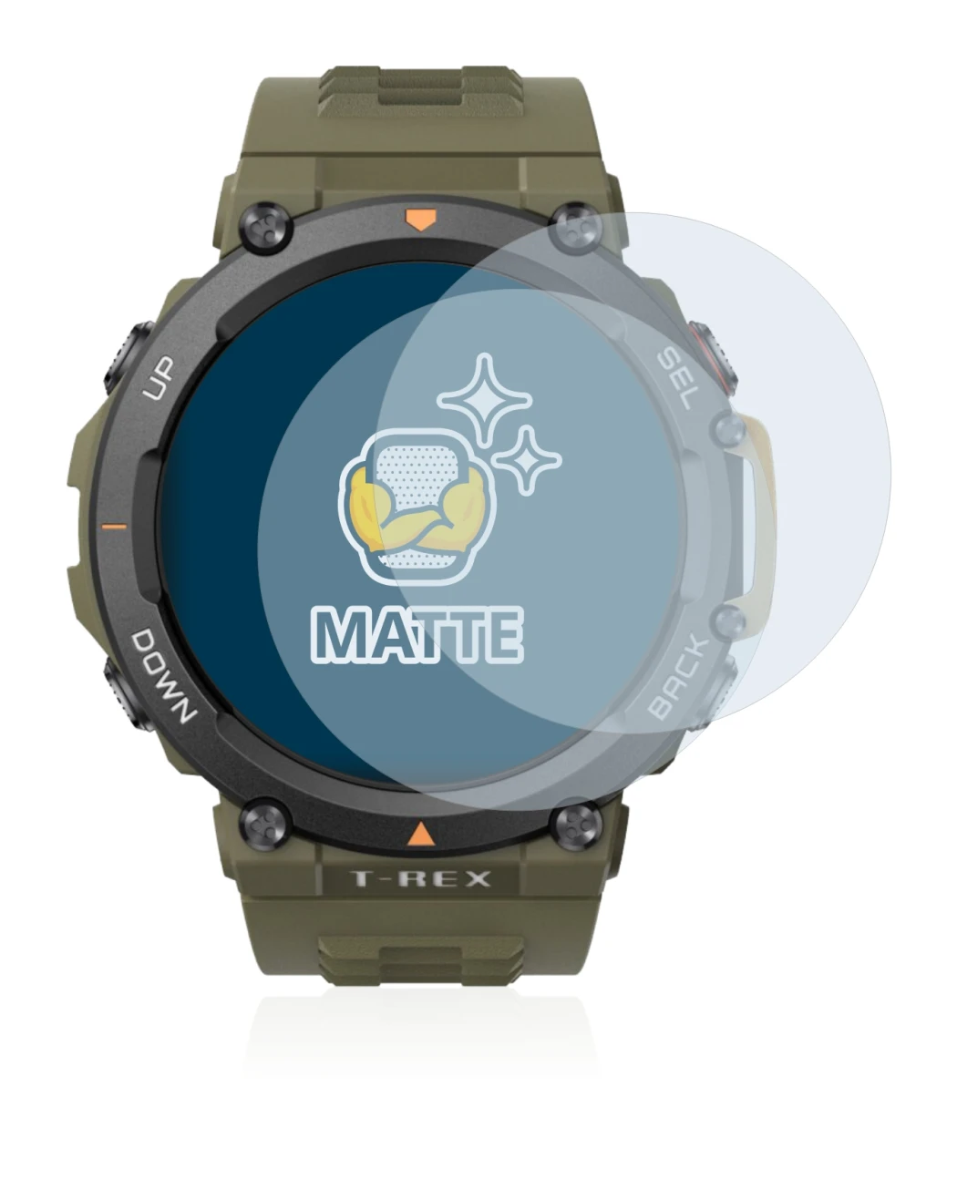 Immagine del dispositivo Huami Amazfit T-Rex 2 con un'ampia varietà di protezioni per lo schermo.
