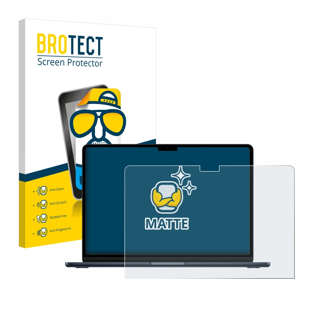 Parte frontale di una confezione del prodotto con il logo del marchio BROTECT. Accanto è raffigurato il dispositivo Apple MacB