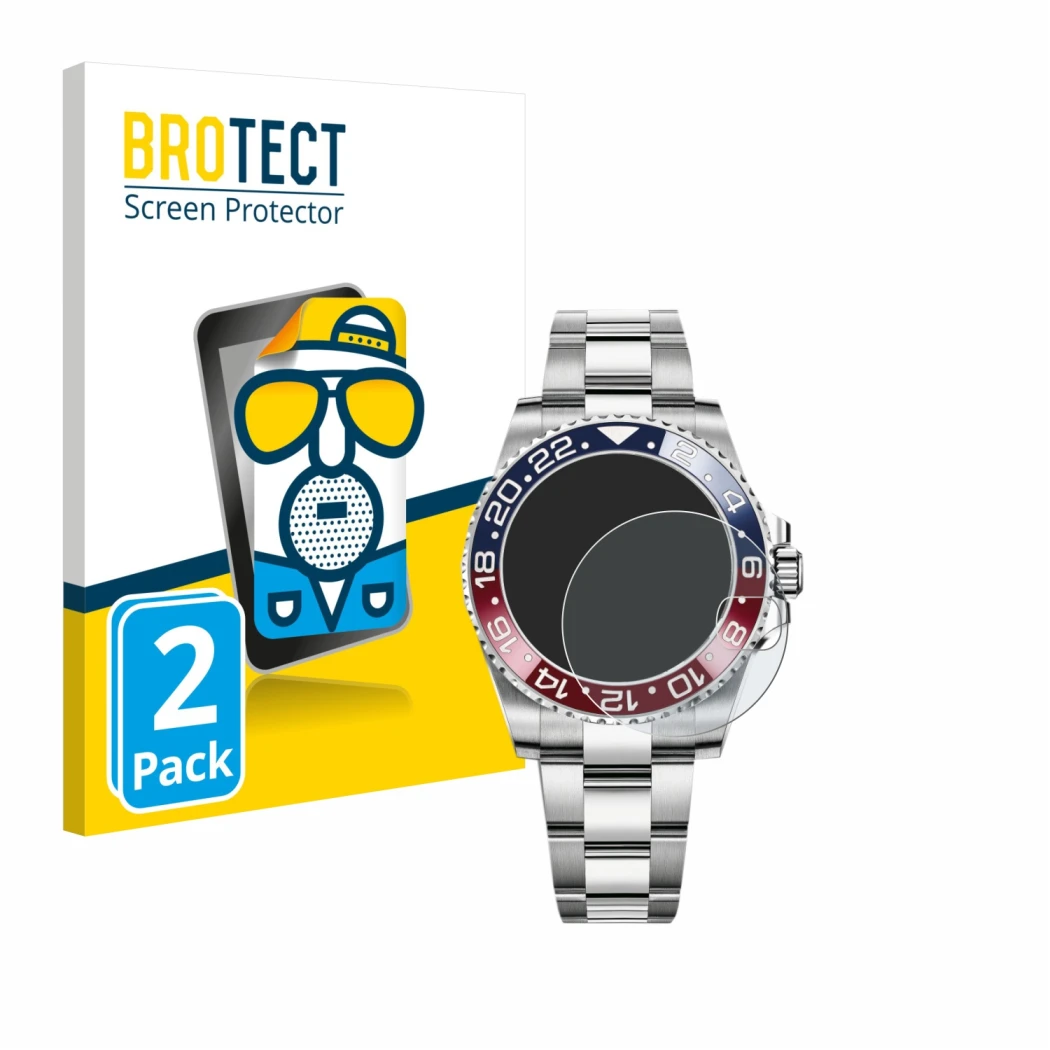Parte frontale di una confezione del prodotto con il logo del marchio BROTECT. Accanto è raffigurato il dispositivo Rolex GMT-