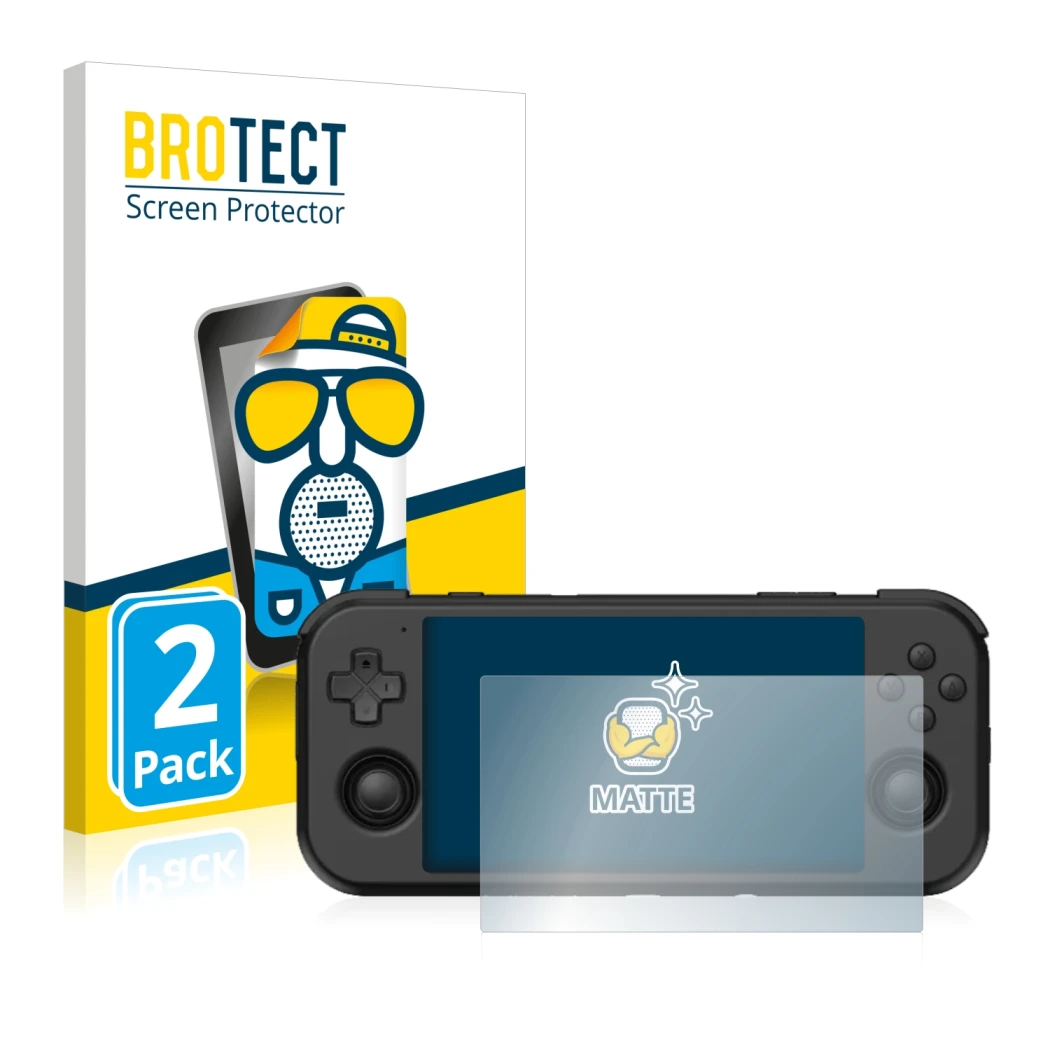 Parte frontale di una confezione del prodotto con il logo del marchio BROTECT. Accanto è raffigurato il dispositivo Retroid Po