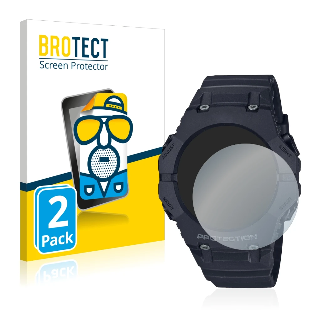 Parte frontale di una confezione del prodotto con il logo del marchio BROTECT. Accanto è raffigurato il dispositivo Casio G-Sh
