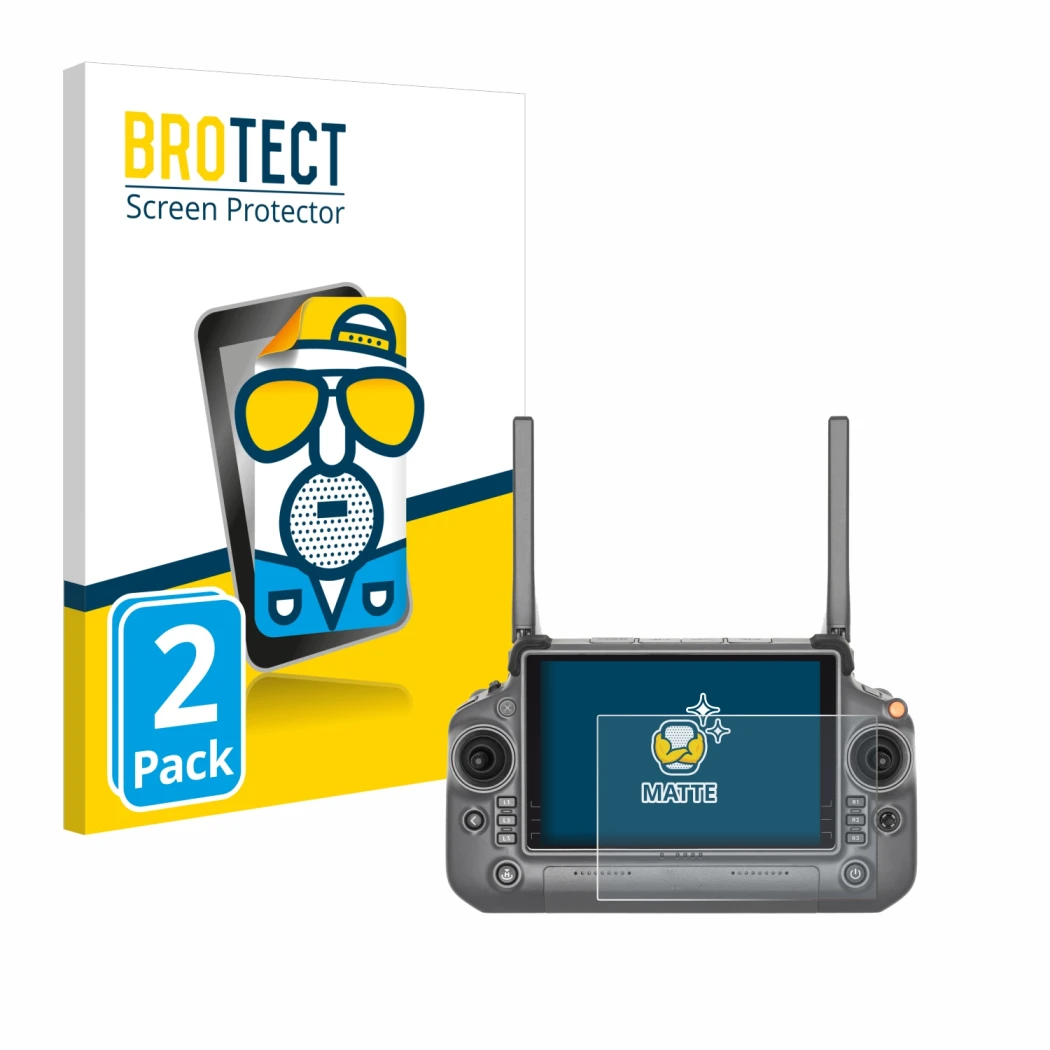 Parte frontale di una confezione del prodotto con il logo del marchio BROTECT. Accanto è raffigurato il dispositivo DJI RC Plu