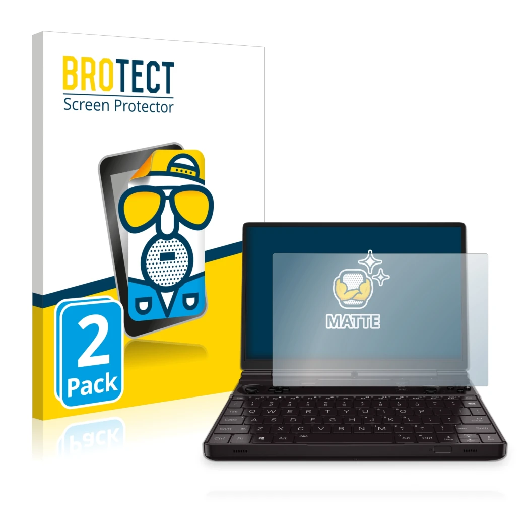 Parte frontale di una confezione del prodotto con il logo del marchio BROTECT. Accanto è raffigurato il dispositivo GPD Win Ma
