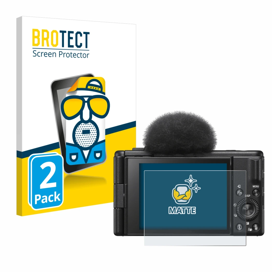 Parte frontale di una confezione del prodotto con il logo del marchio BROTECT. Accanto è raffigurato il dispositivo Sony ZV-1F