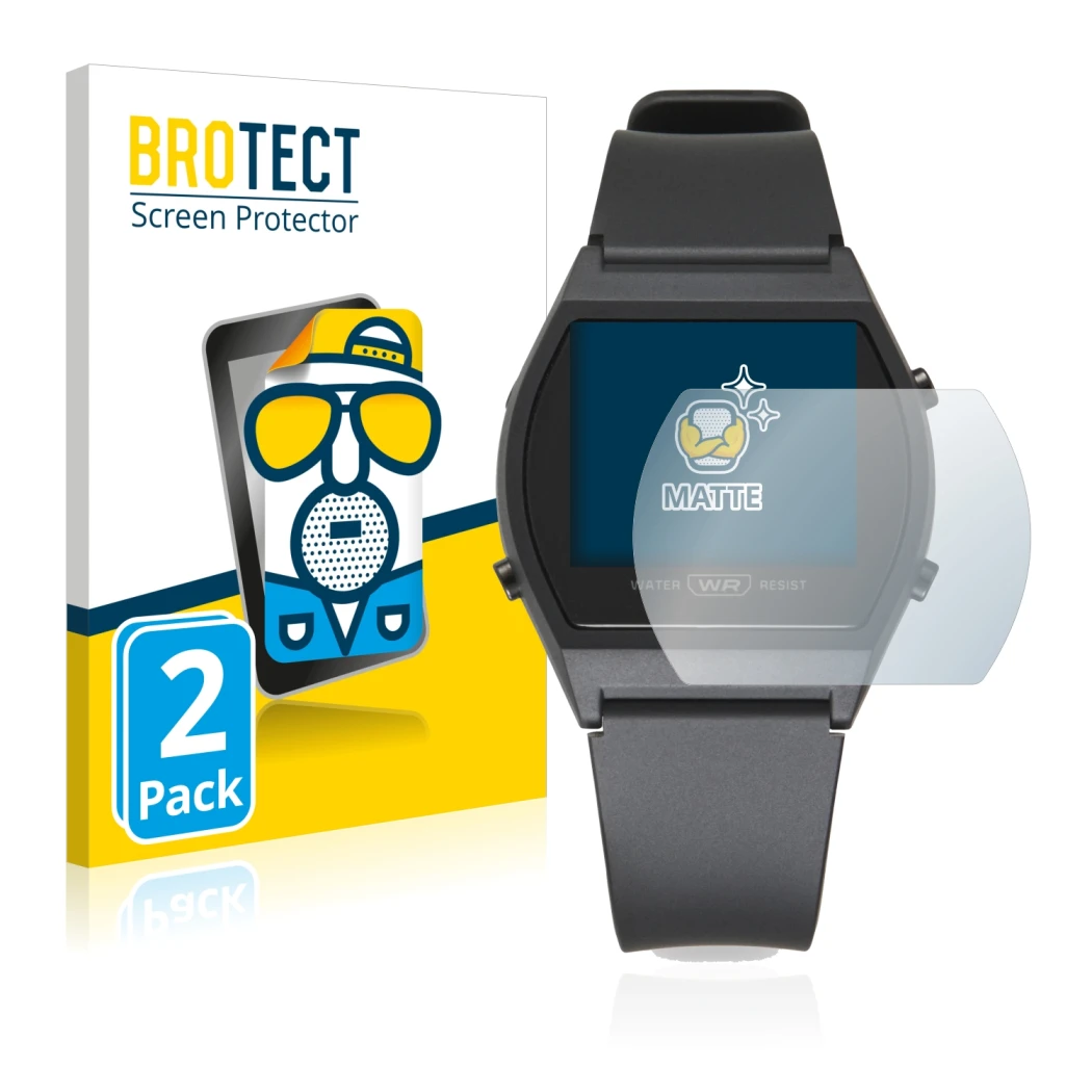 Parte frontale di una confezione del prodotto con il logo del marchio BROTECT. Accanto è raffigurato il dispositivo Casio LW-2
