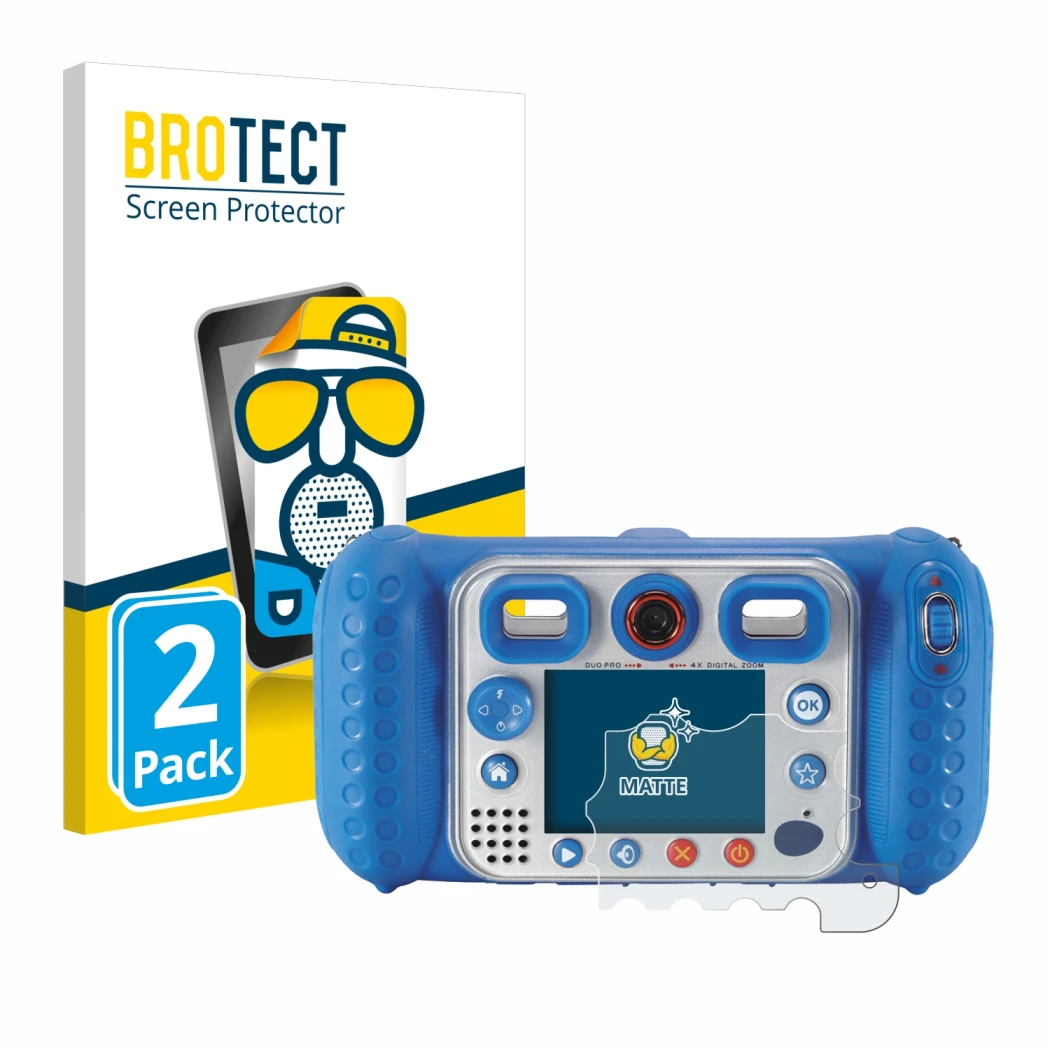 Parte frontale di una confezione del prodotto con il logo del marchio BROTECT. Accanto è raffigurato il dispositivo Vtech Kidi