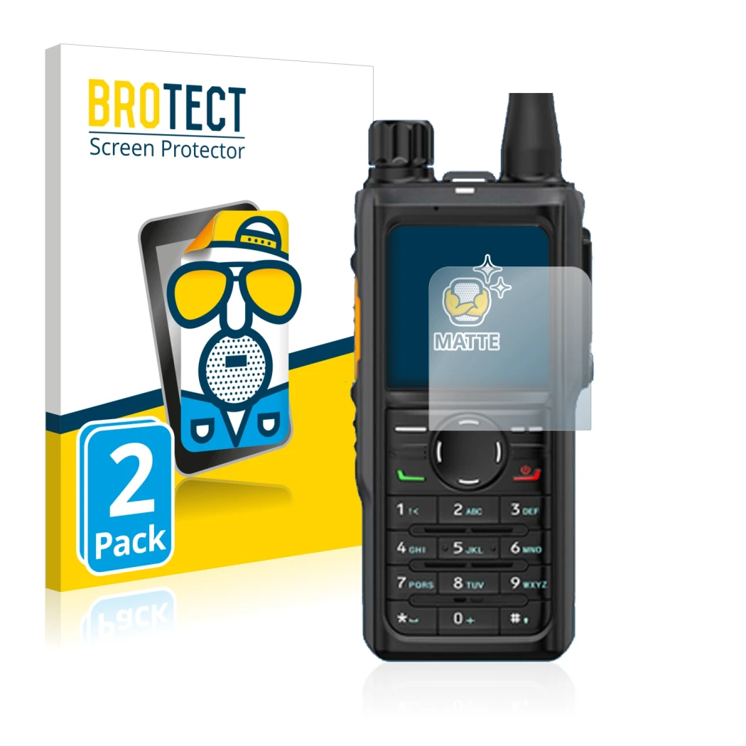 Parte frontale di una confezione del prodotto con il logo del marchio BROTECT. Accanto è raffigurato il dispositivo Hytera HP