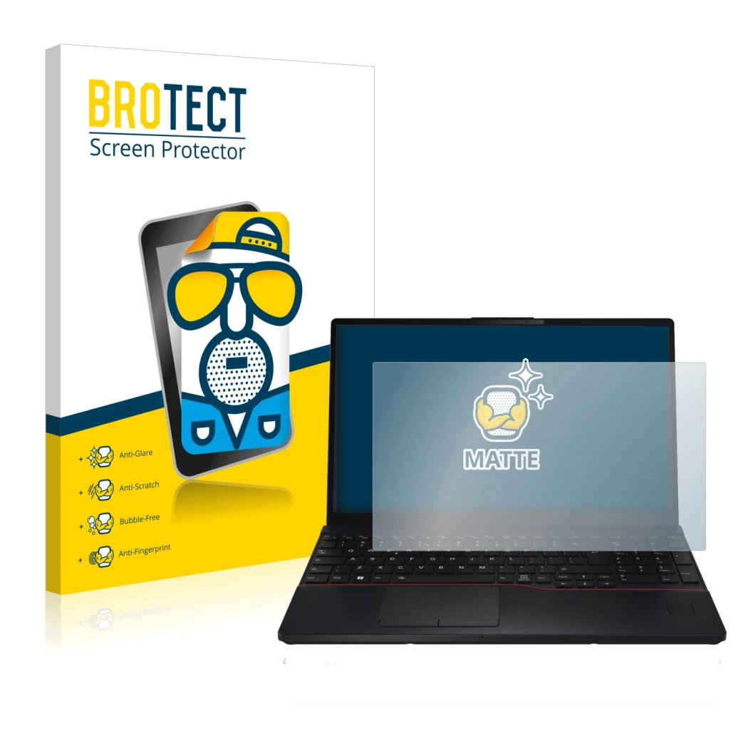 Parte frontale di una confezione del prodotto con il logo del marchio BROTECT. Accanto è raffigurato il dispositivo Fujitsu Li