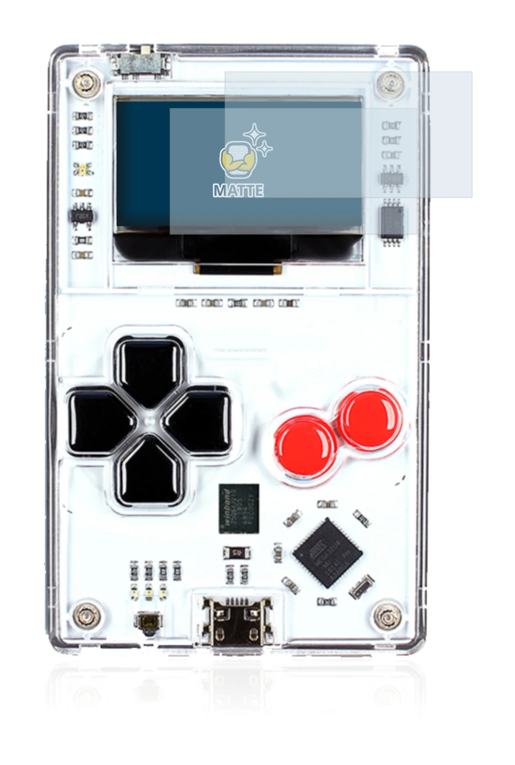 Immagine del dispositivo Arduboy FX con un'ampia varietà di protezioni per lo schermo.