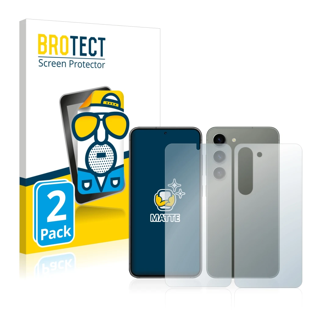 Parte frontale di una confezione del prodotto con il logo del marchio BROTECT. Accanto è raffigurato il dispositivo Samsung Ga
