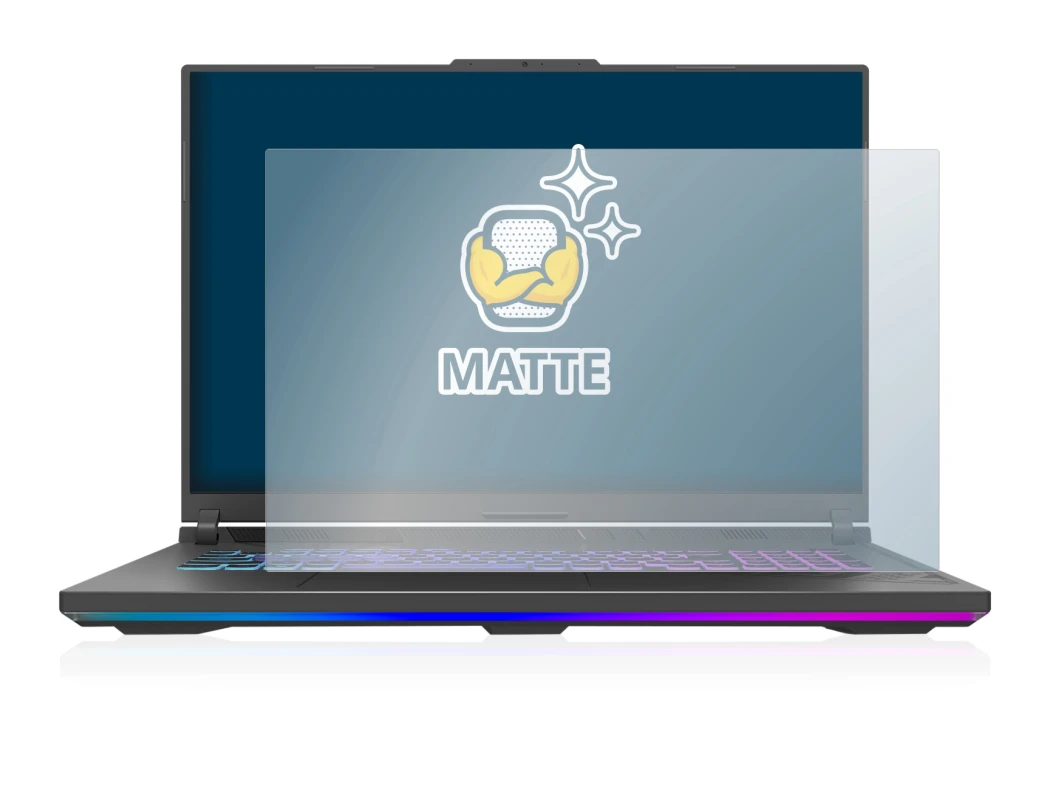 Immagine del dispositivo ASUS ROG Strix G18 G814 2023 con un'ampia varietà di protezioni per lo schermo.