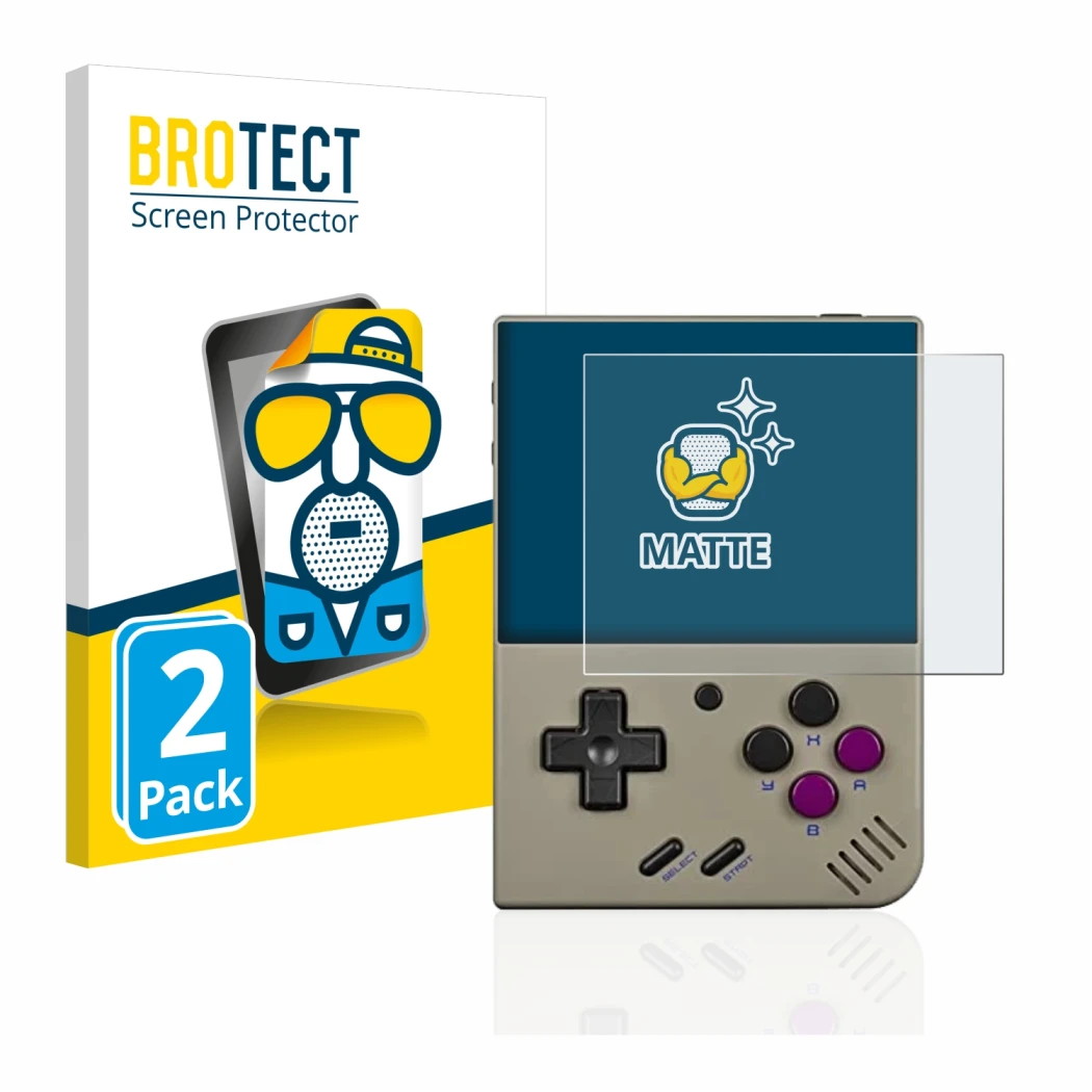 Parte frontale di una confezione del prodotto con il logo del marchio BROTECT. Accanto è raffigurato il dispositivo Miyoo Mini