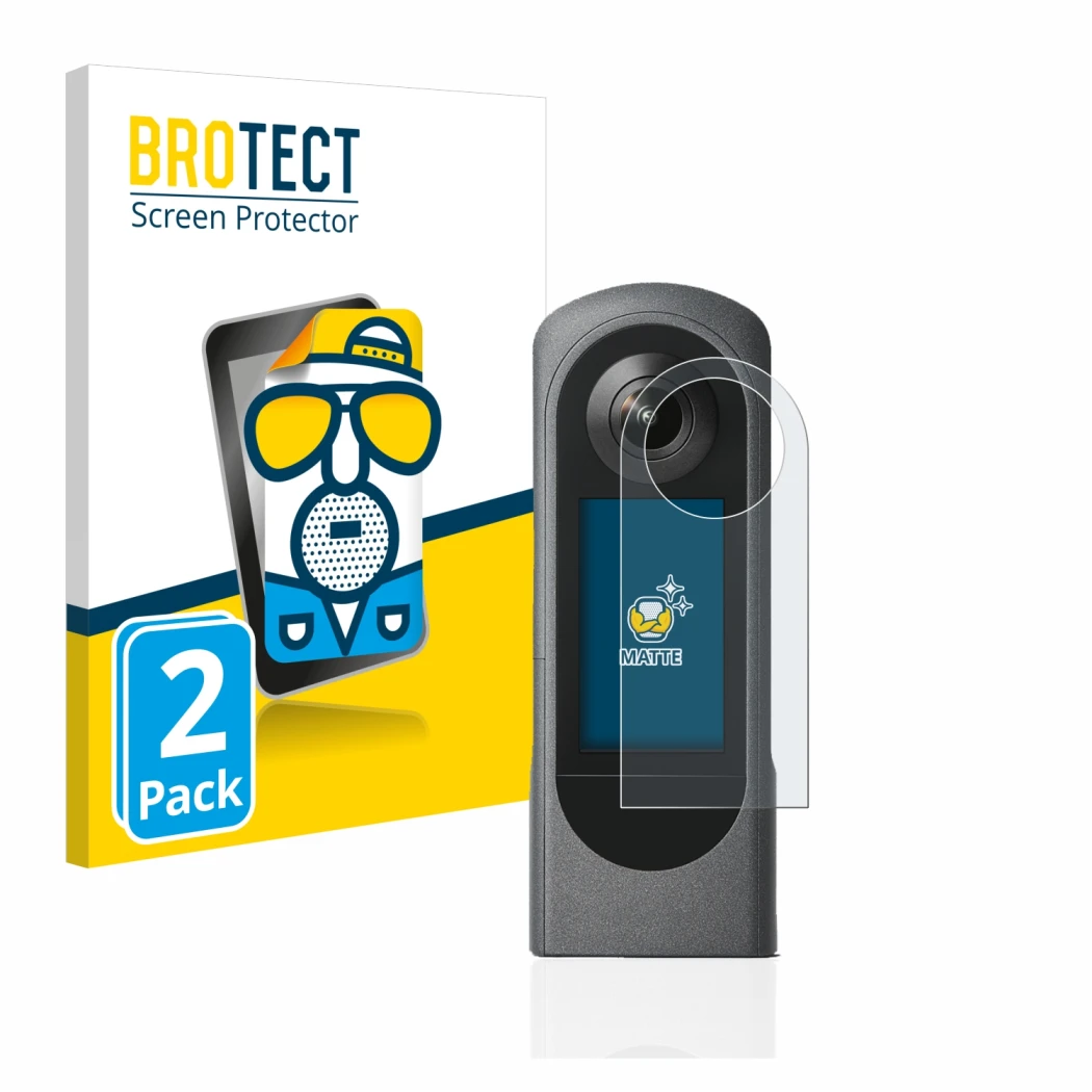 Parte frontale di una confezione del prodotto con il logo del marchio BROTECT. Accanto è raffigurato il dispositivo Ricoh Thet