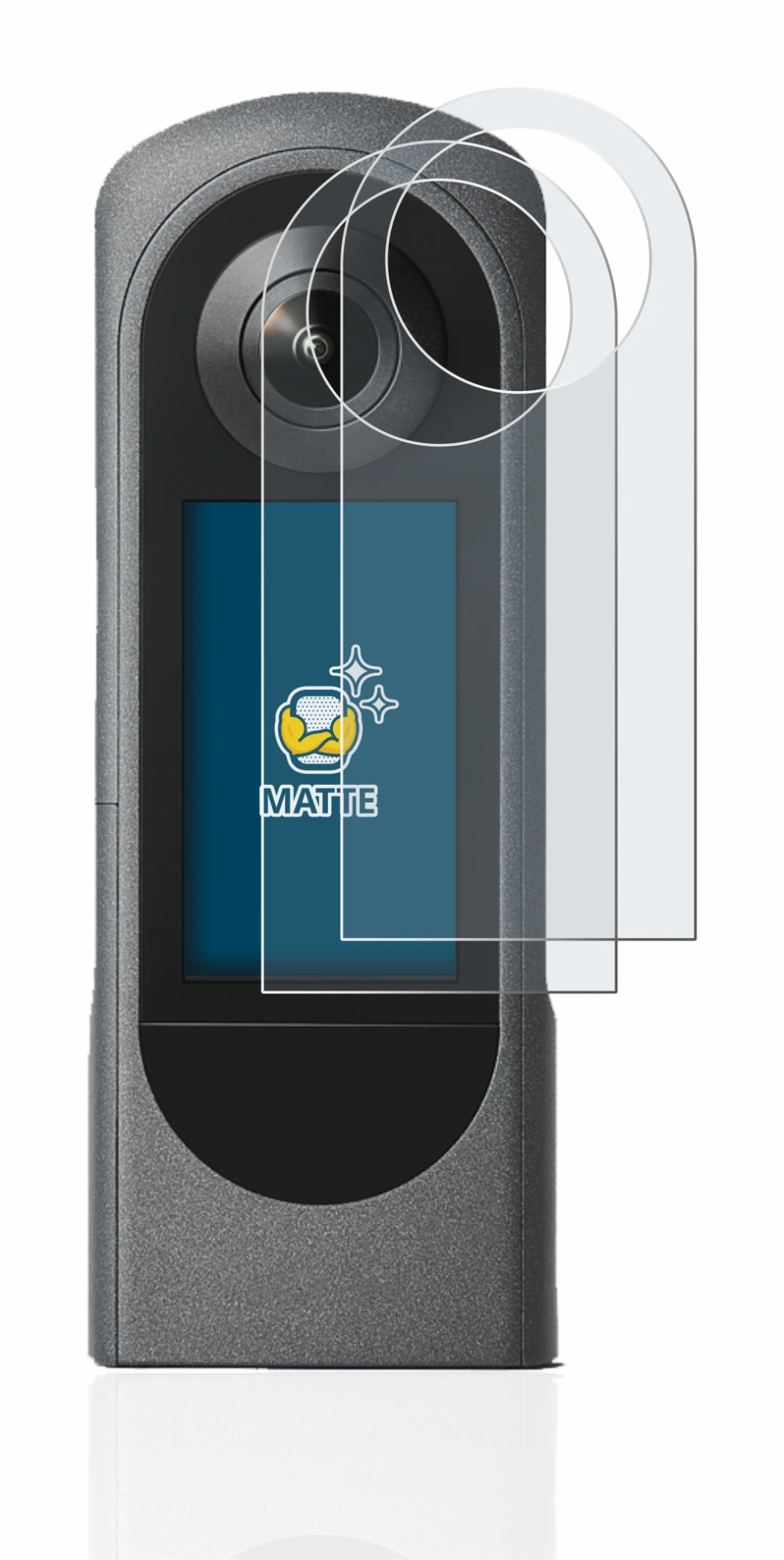 Immagine del dispositivo Ricoh Theta X con un'ampia varietà di protezioni per lo schermo.