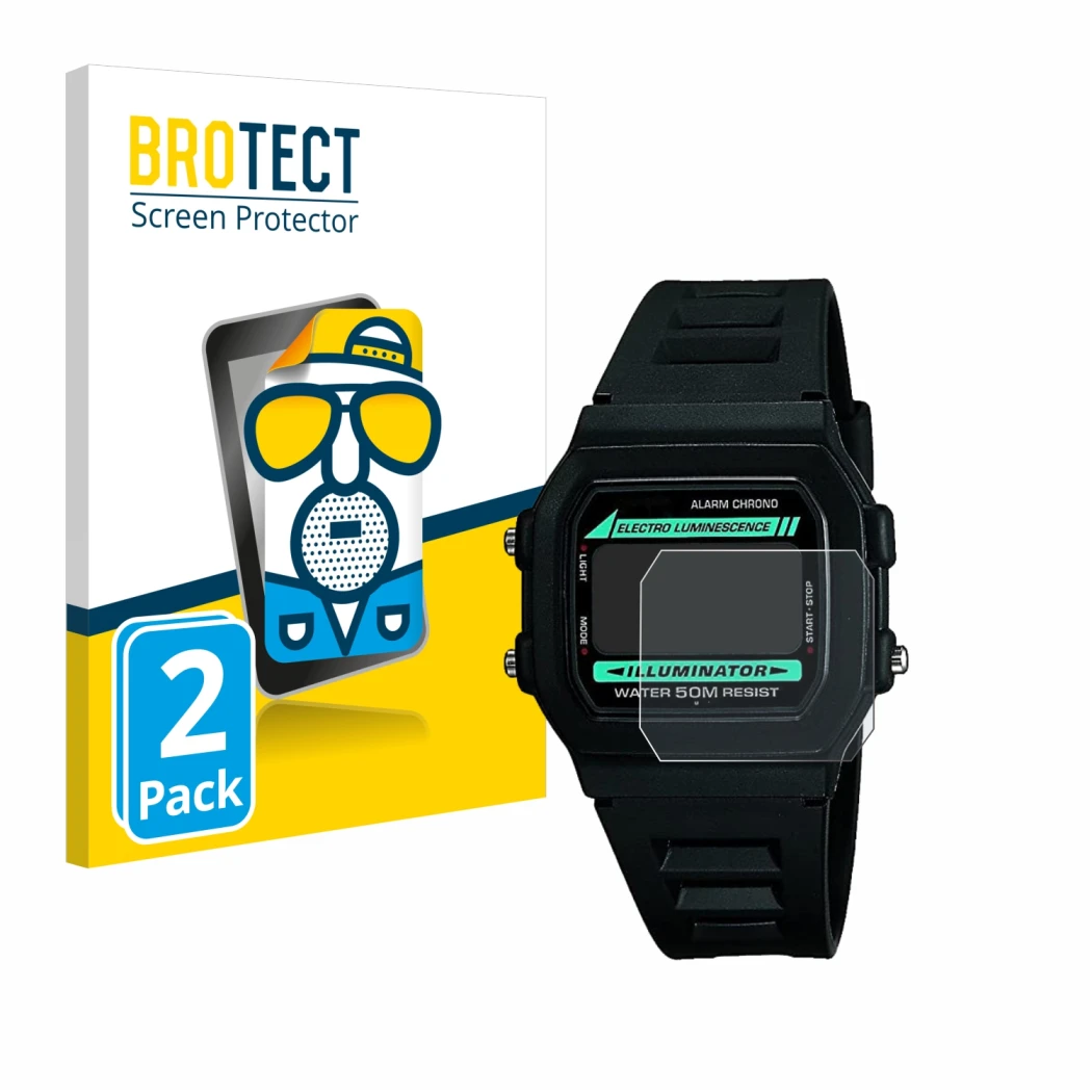 Parte frontale di una confezione del prodotto con il logo del marchio BROTECT. Accanto è raffigurato il dispositivo Casio W-86