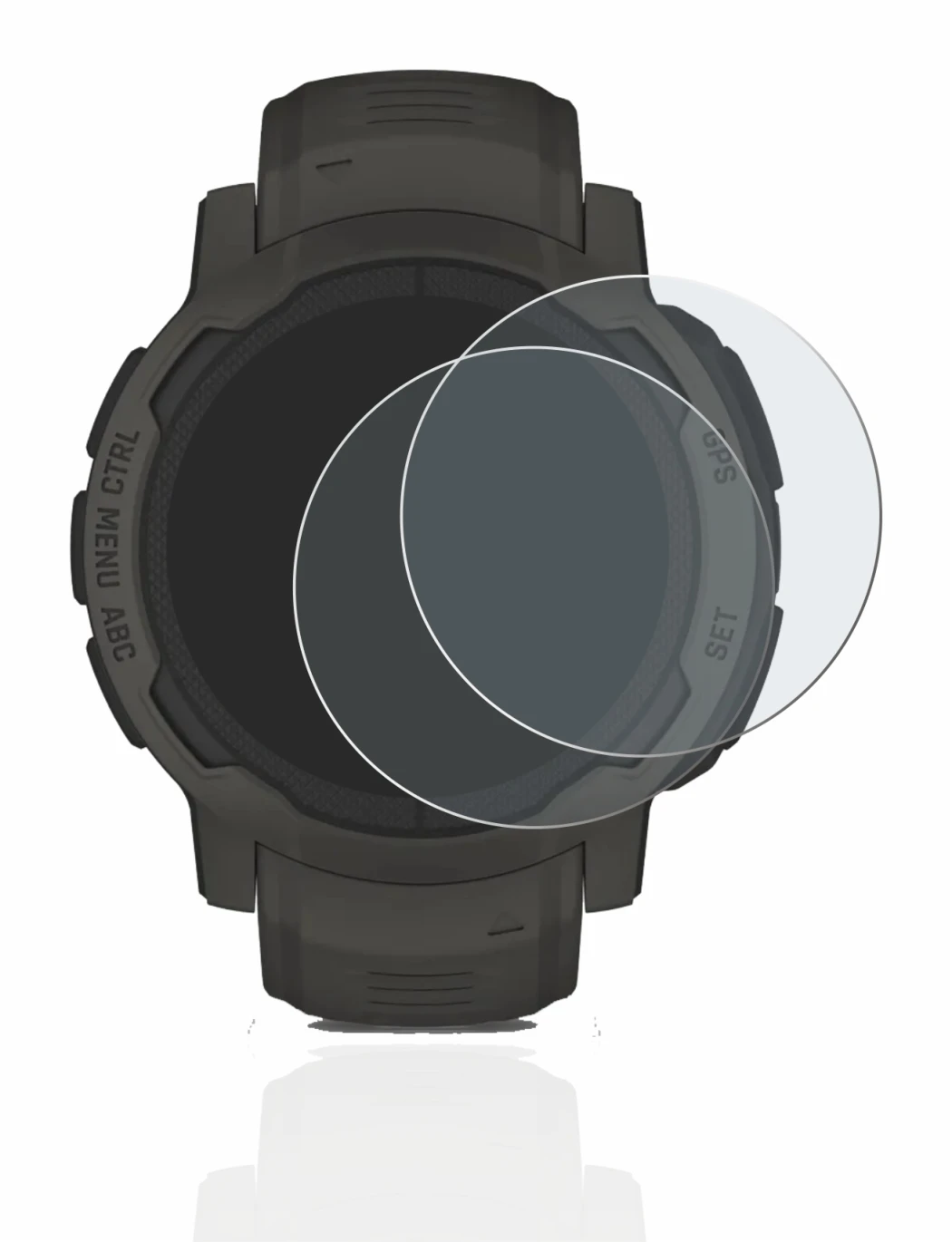 Immagine del dispositivo Garmin Instinct 2 Solar con un'ampia varietà di protezioni per lo schermo.