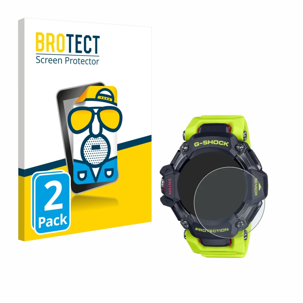 Parte frontale di una confezione del prodotto con il logo del marchio BROTECT. Accanto è raffigurato il dispositivo Casio G-Sh