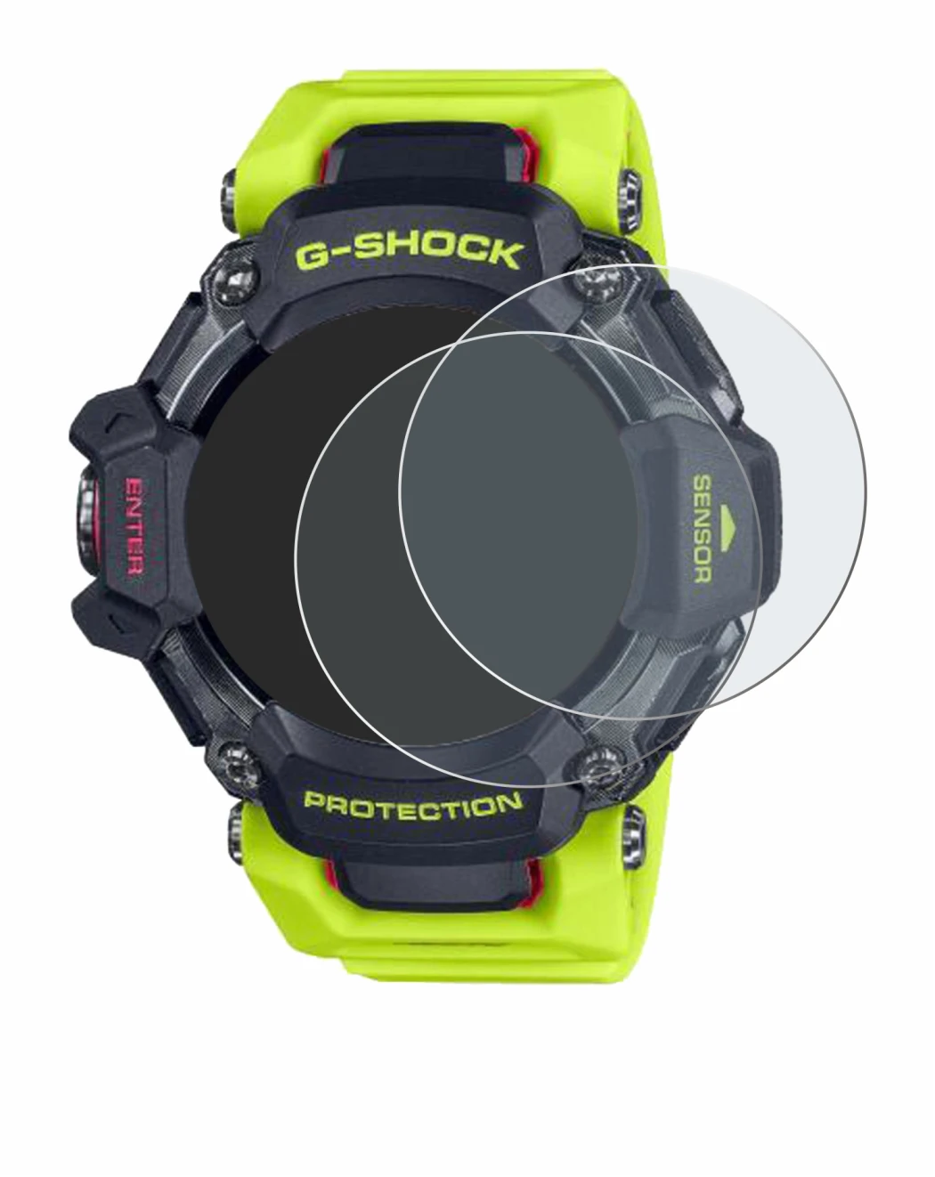Immagine del dispositivo Casio G-Shock GBD-H2000 con un'ampia varietà di protezioni per lo schermo.
