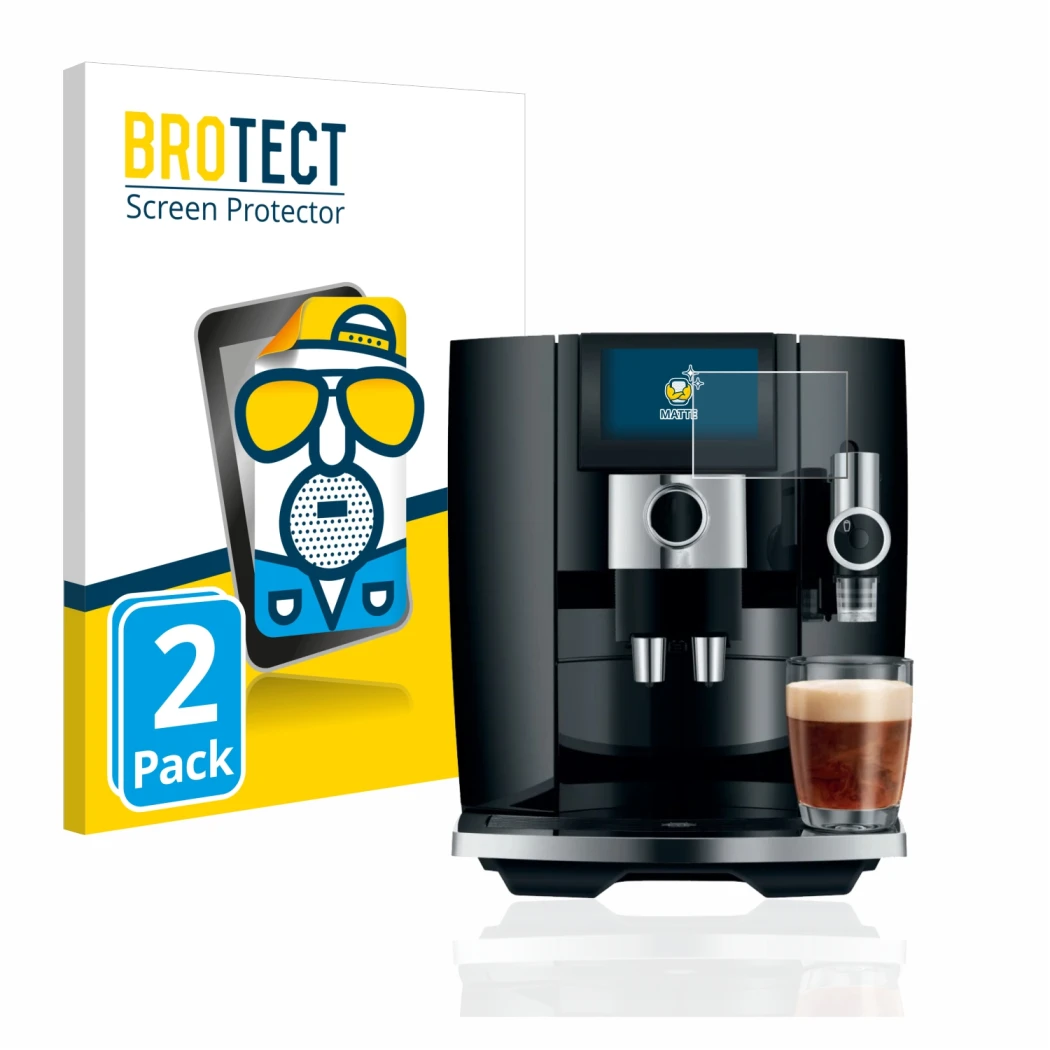 Parte frontale di una confezione del prodotto con il logo del marchio BROTECT. Accanto è raffigurato il dispositivo Jura J8 co