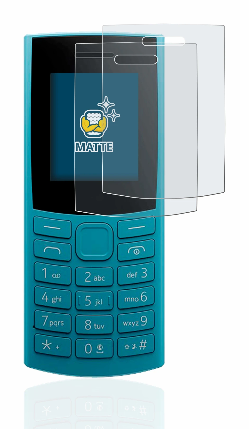 Immagine del dispositivo Nokia 105 4G (2023) con un'ampia varietà di protezioni per lo schermo.