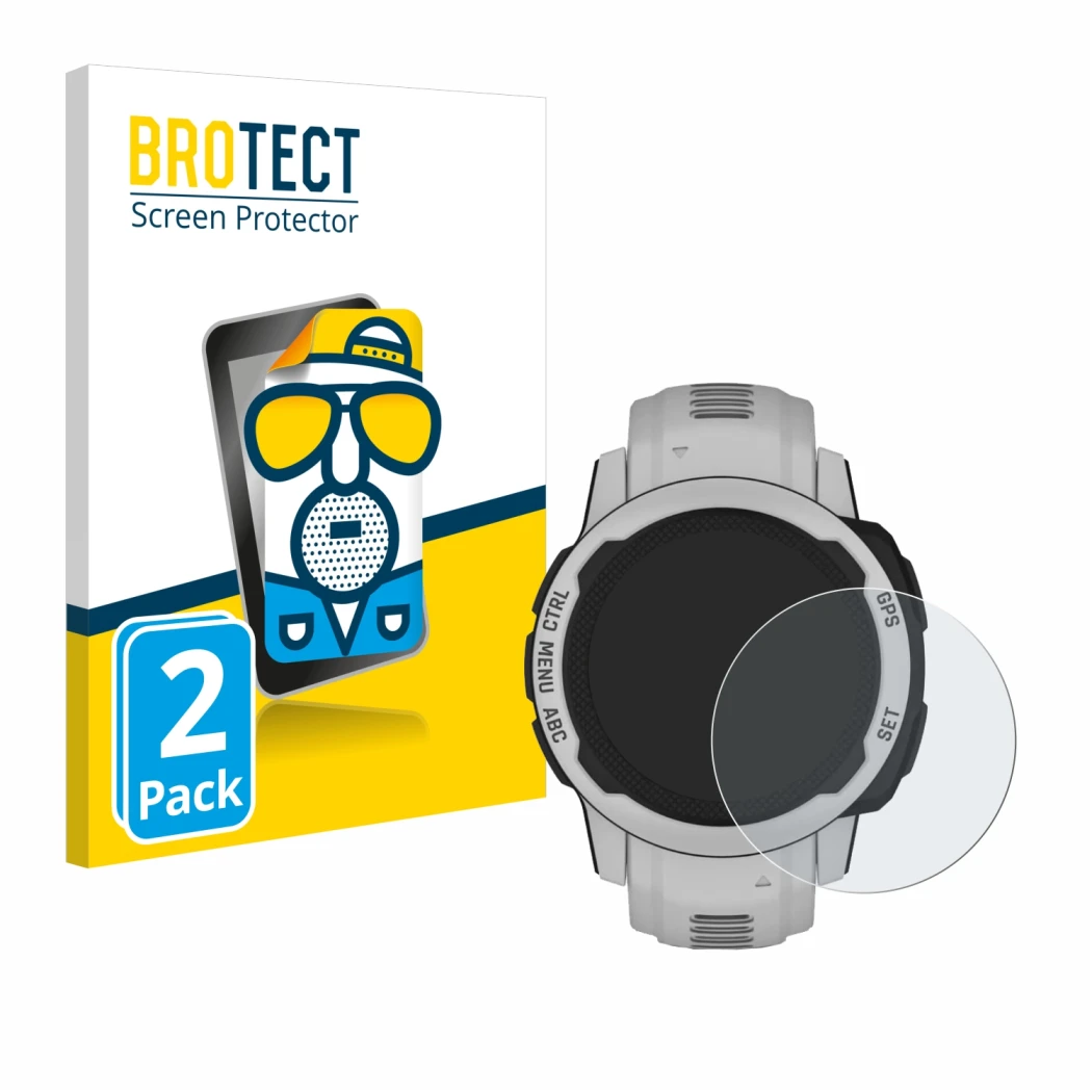 Parte frontale di una confezione del prodotto con il logo del marchio BROTECT. Accanto è raffigurato il dispositivo Garmin Ins