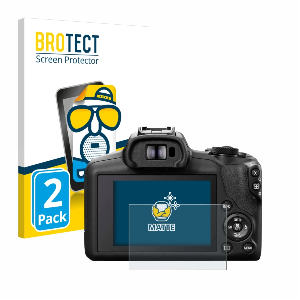 Parte frontale di una confezione del prodotto con il logo del marchio BROTECT. Accanto è raffigurato il dispositivo Canon EOS 