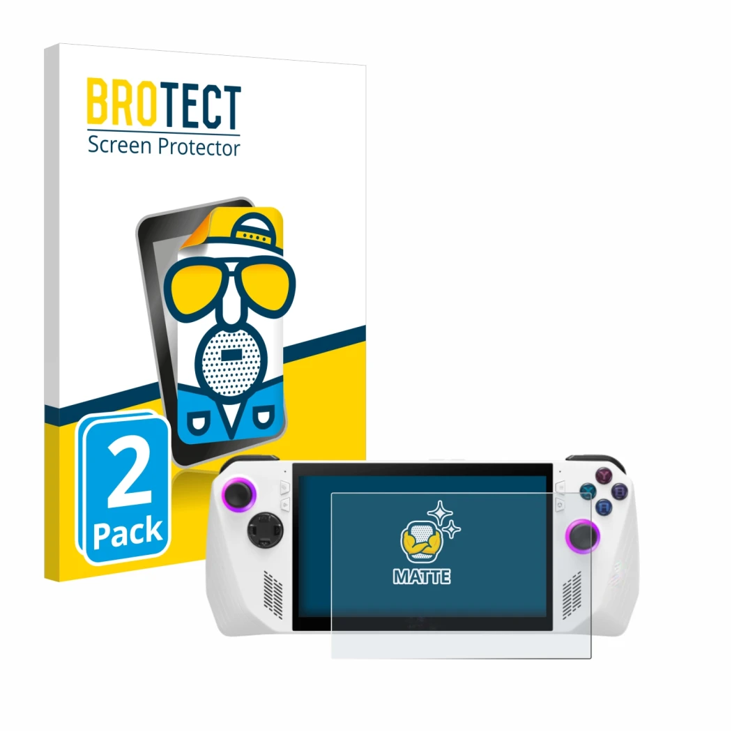 Parte frontale di una confezione del prodotto con il logo del marchio BROTECT. Accanto è raffigurato il dispositivo ASUS ROG A